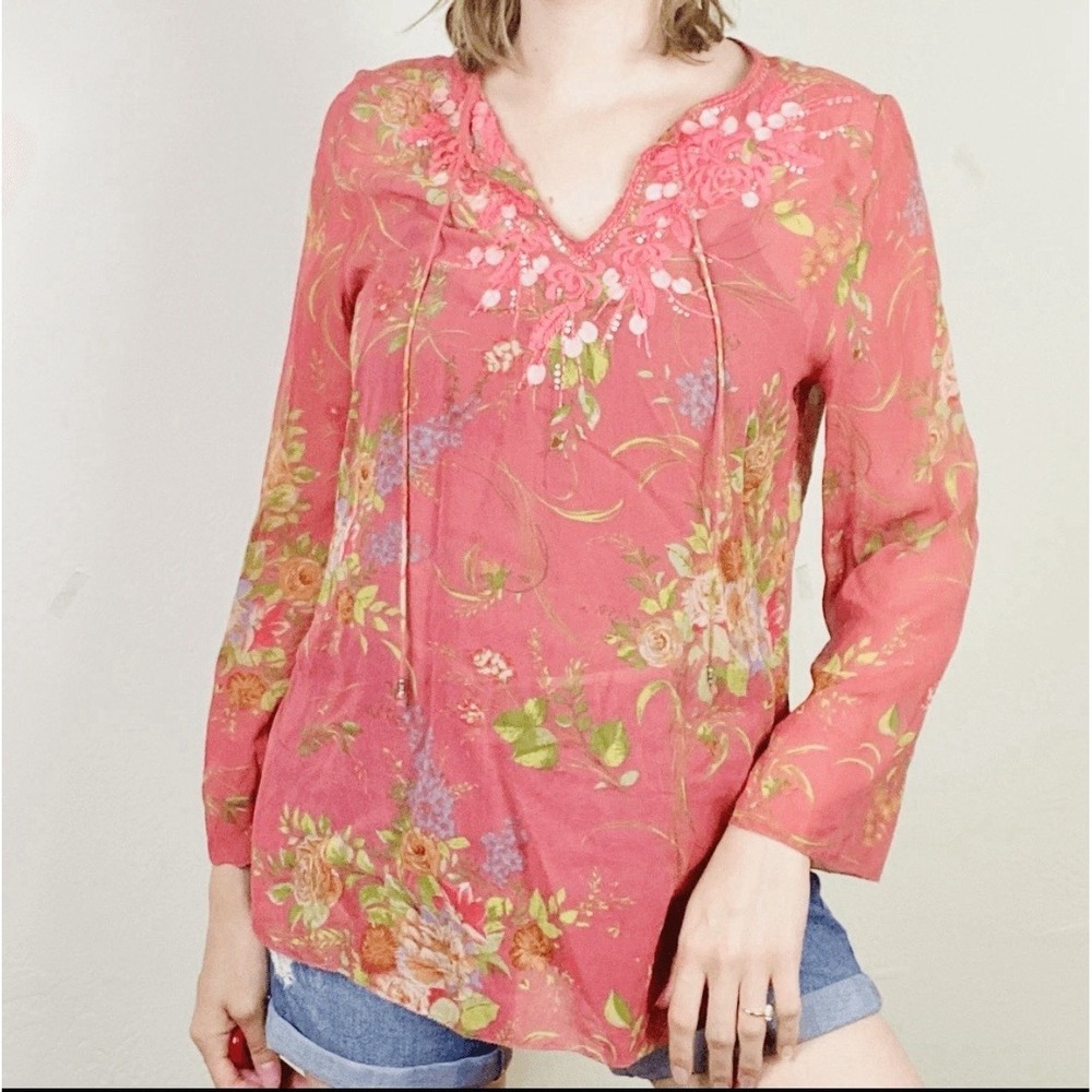 Cabi Floral Silk Embroidered Tunic Top S Small Blouse Orange Coral Boho Dainty